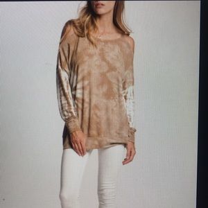 Tan and off white cold shoulder top
